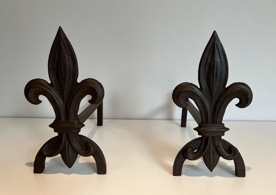 Chenets with Cast Iron and Wrought Iron Lilies, 1970s, Set of 2-BA-1479950