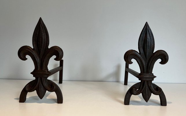 Chenets with Cast Iron and Wrought Iron Lilies, 1970s, Set of 2-BA-1479950