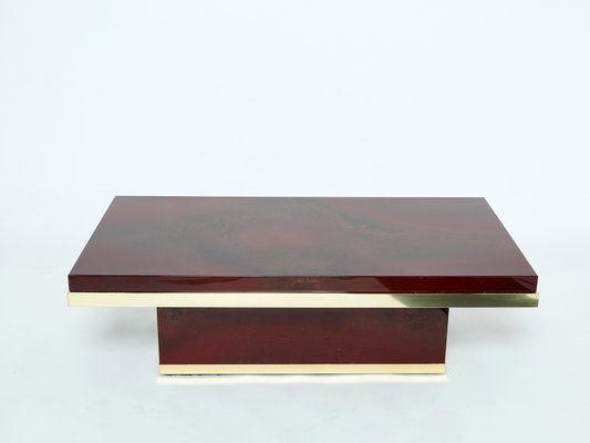 Cherry Red Lacquer and Brass Coffee Table by Jean Claude Mahey, 1970s-YJA-1074343