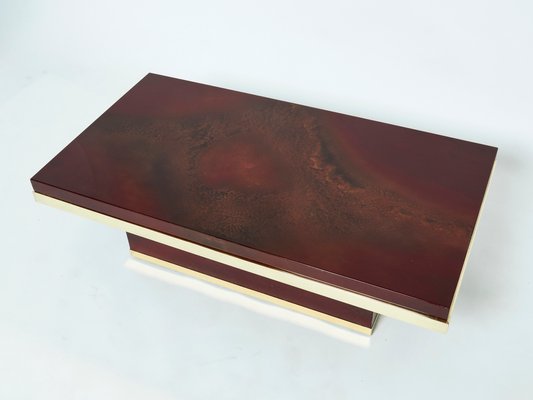 Cherry Red Lacquer and Brass Coffee Table by Jean Claude Mahey, 1970s-YJA-1074343