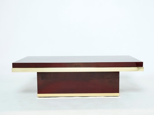 Cherry Red Lacquer and Brass Coffee Table by Jean Claude Mahey, 1970s-YJA-1074343