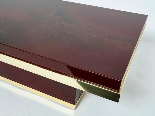 Cherry Red Lacquer and Brass Coffee Table by Jean Claude Mahey, 1970s-YJA-1074343