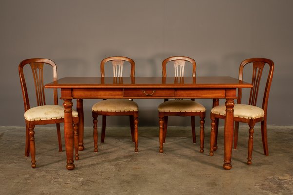 Cherry Wood Table and Padded Chairs, 1980s, Set of 5-KNM-1306149