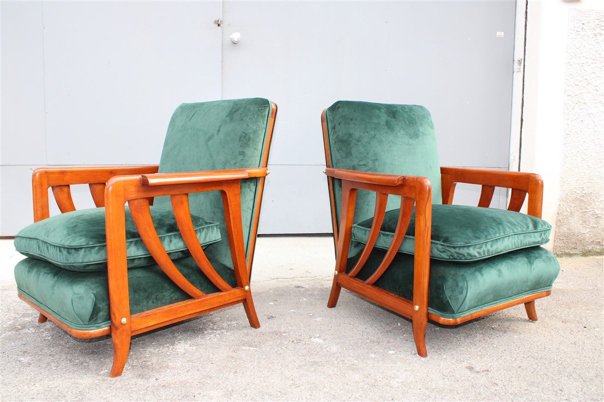 Cherrywood & Forest Green Velvet Lounge Chairs by Paolo Buffa, 1950s, Set of 2