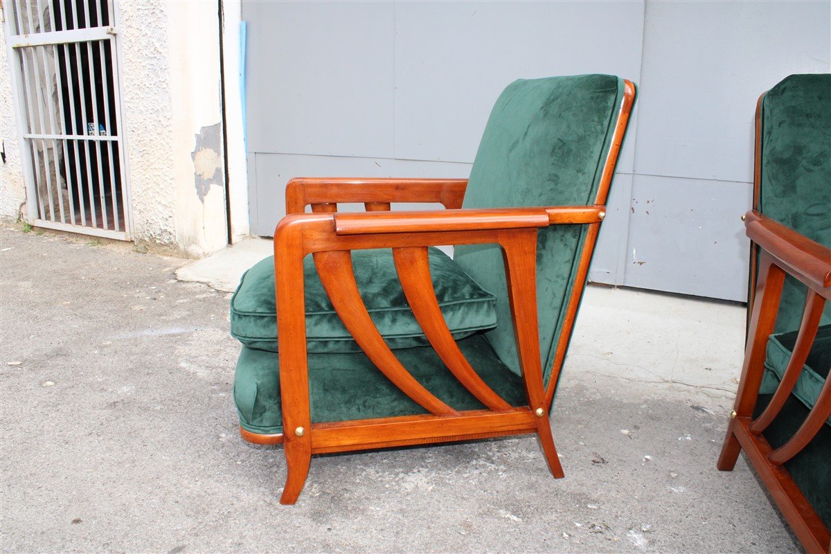 Cherrywood & Forest Green Velvet Lounge Chairs by Paolo Buffa, 1950s, Set of 2