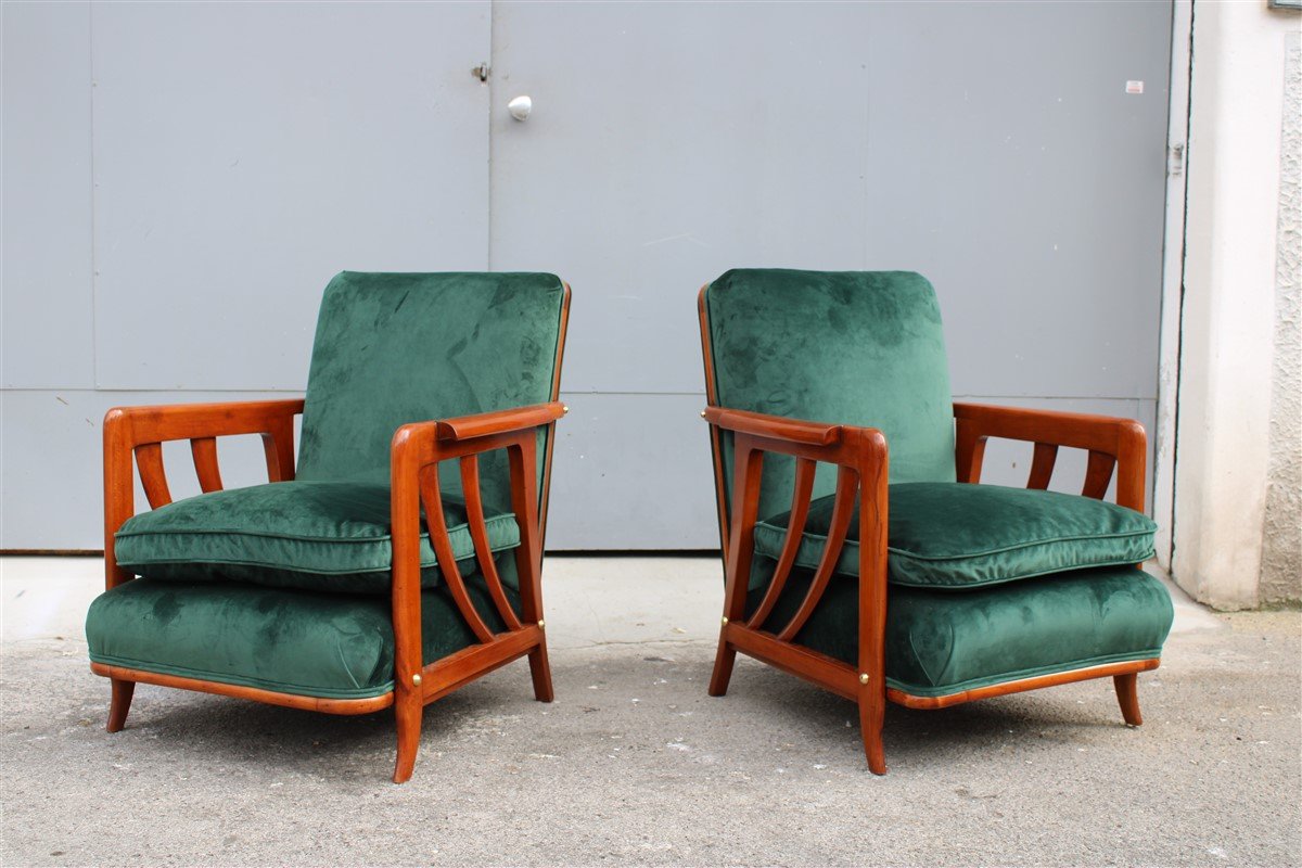 Cherrywood & Forest Green Velvet Lounge Chairs by Paolo Buffa, 1950s, Set of 2