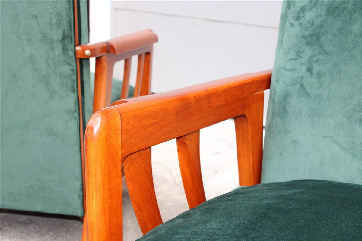 Cherrywood & Forest Green Velvet Lounge Chairs by Paolo Buffa, 1950s, Set of 2