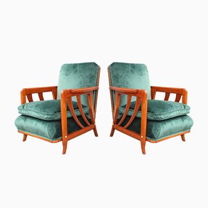 Cherrywood & Forest Green Velvet Lounge Chairs by Paolo Buffa, 1950s, Set of 2-EH-866289