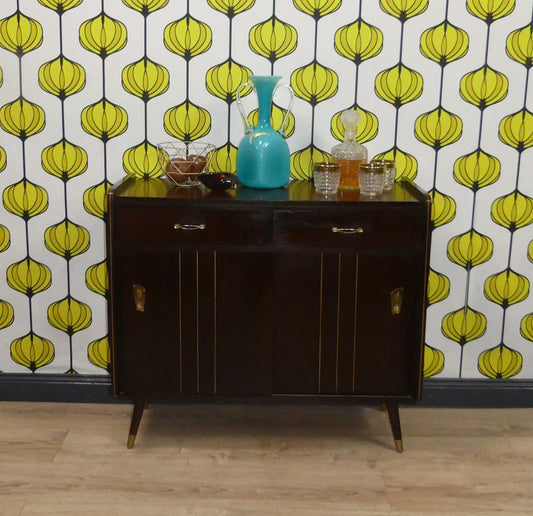 Chest of Drawers with Sliding Door in Light Wood & Dark Brass, 1960s