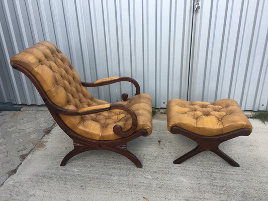 Chesterfield Armchair with Pouf Set, 1950s, Set of 2-WQQ-714567