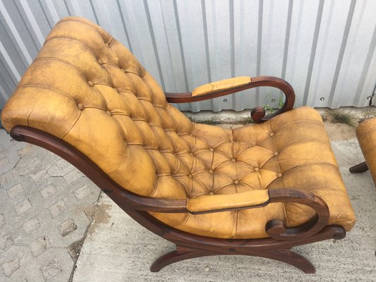 Chesterfield Armchair with Pouf Set, 1950s, Set of 2-WQQ-714567