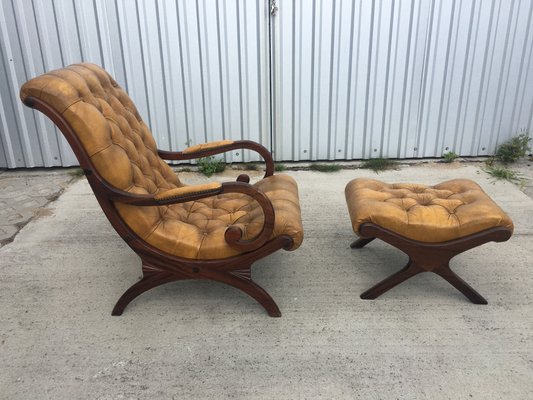 Chesterfield Armchair with Pouf Set, 1950s, Set of 2-WQQ-714567