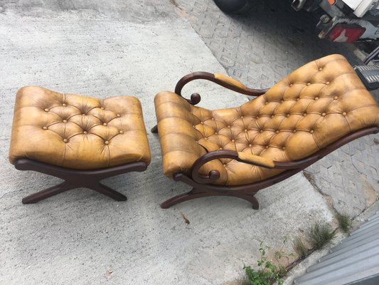 Chesterfield Armchair with Pouf Set, 1950s, Set of 2-WQQ-714567