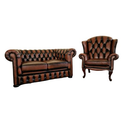 Chesterfield Club Sofa and Armchair in Leather, Set of 2-ITF-2021965