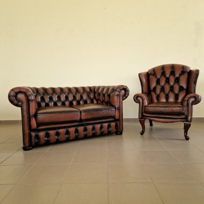 Chesterfield Club Sofa and Armchair in Leather, Set of 2-ITF-2021965