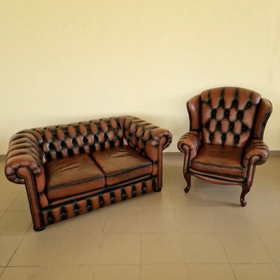 Chesterfield Club Sofa and Armchair in Leather, Set of 2-ITF-2021965