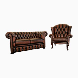 Chesterfield Club Sofa and Armchair in Leather, Set of 2-ITF-2021965