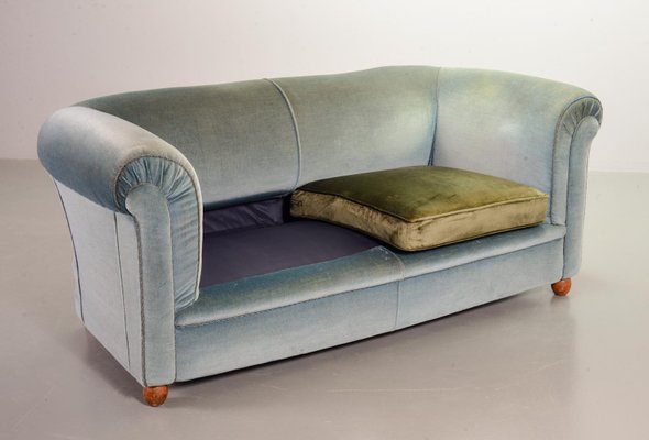 Chesterfield Duotone Two-Seat Victorian Sofa in Frosted Blue and Moss Green Velvet, 1950s-IXC-807621