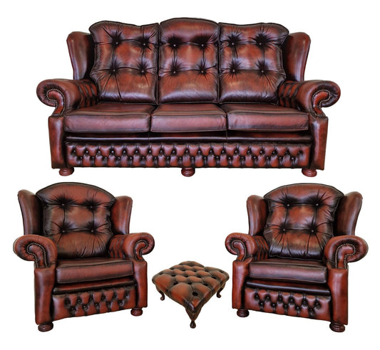 Chesterfield Leather Living Room Set, 1970s, Set of 4