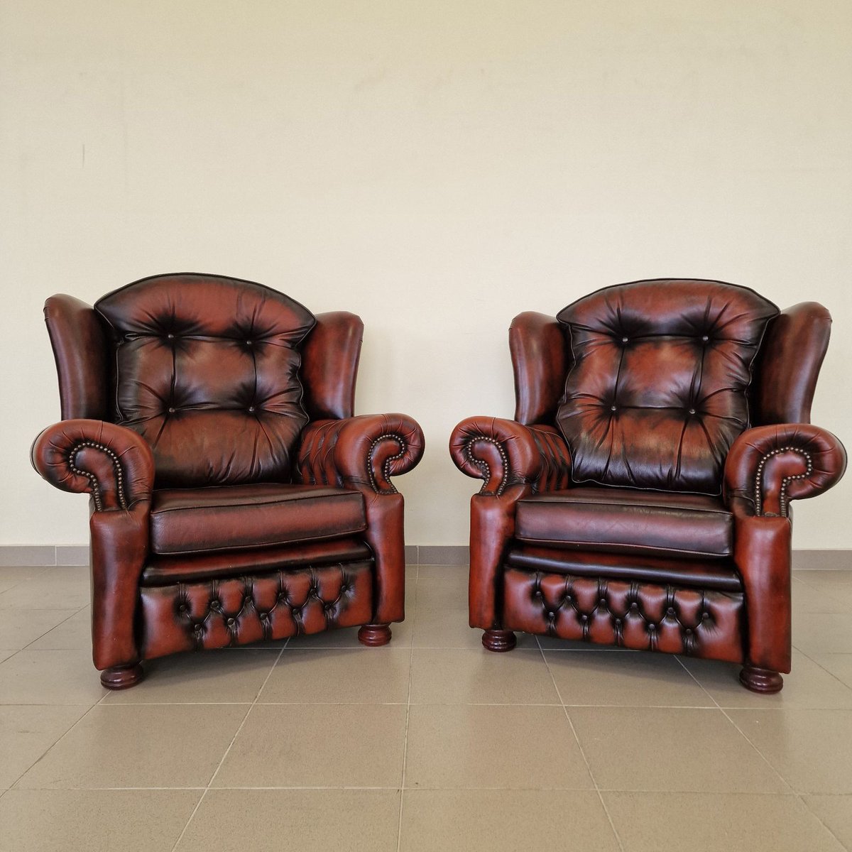 Chesterfield Leather Living Room Set, 1970s, Set of 4