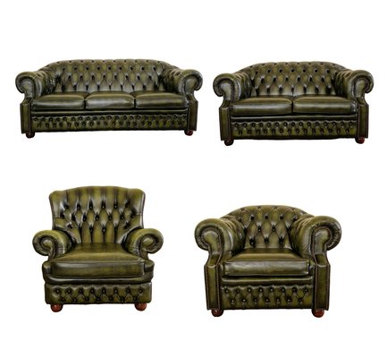 Chesterfield Living Room Set in Green Genuine Leather, Set of 4-ITF-2021968