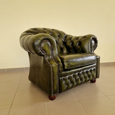 Chesterfield Living Room Set in Green Genuine Leather, Set of 4-ITF-2021968