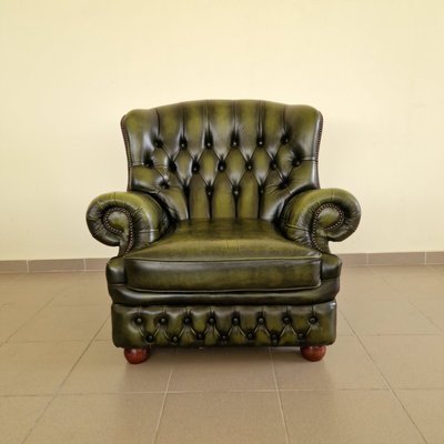 Chesterfield Living Room Set in Green Genuine Leather, Set of 4-ITF-2021968