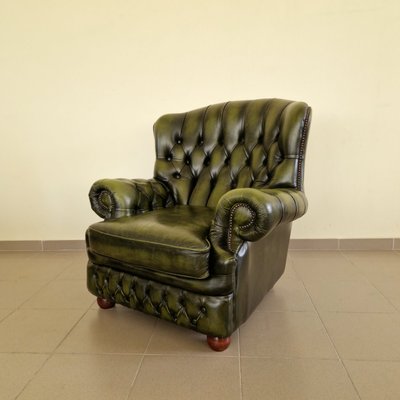 Chesterfield Living Room Set in Green Genuine Leather, Set of 4-ITF-2021968