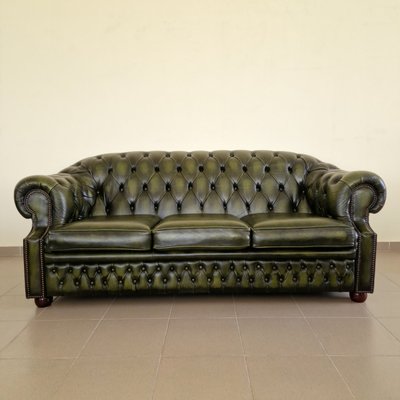 Chesterfield Living Room Set in Green Genuine Leather, Set of 4-ITF-2021968