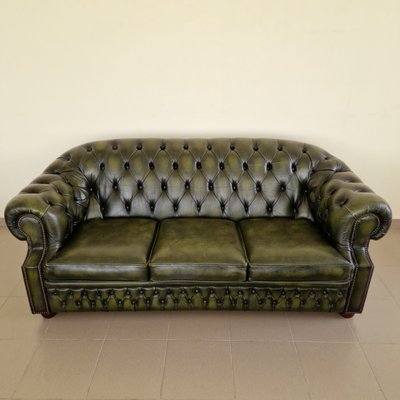 Chesterfield Living Room Set in Green Genuine Leather, Set of 4-ITF-2021968