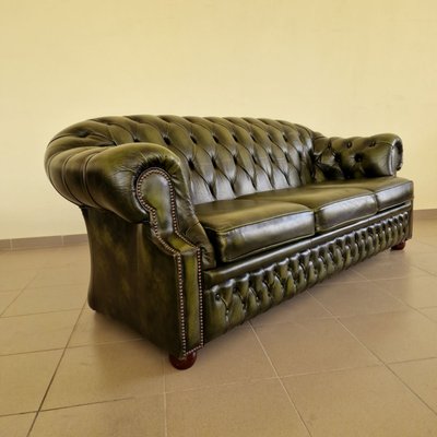 Chesterfield Living Room Set in Green Genuine Leather, Set of 4-ITF-2021968