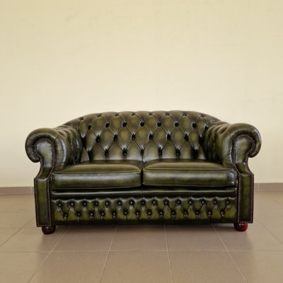 Chesterfield Living Room Set in Green Genuine Leather, Set of 4-ITF-2021968