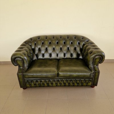 Chesterfield Living Room Set in Green Genuine Leather, Set of 4-ITF-2021968