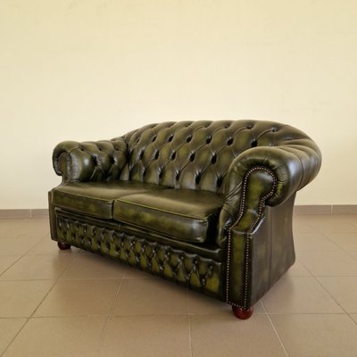 Chesterfield Living Room Set in Green Genuine Leather, Set of 4-ITF-2021968