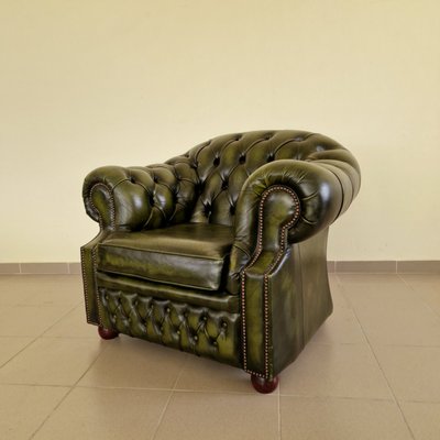 Chesterfield Living Room Set in Green Genuine Leather, Set of 4-ITF-2021968