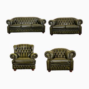 Chesterfield Living Room Set in Green Genuine Leather, Set of 4-ITF-2021968