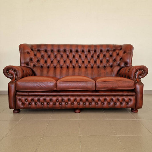 Chesterfield Living Room Set in Leather, 1970s, Set of 3