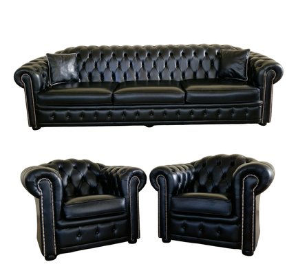 Chesterfield Sofa and Club Chairs in Black Genuine Leather, Set of 3-ITF-2021967