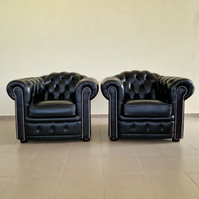 Chesterfield Sofa and Club Chairs in Black Genuine Leather, Set of 3-ITF-2021967