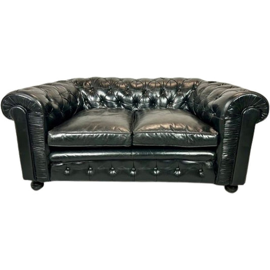 Chesterfield Sofa in Black Buttoned Leather, 1950s