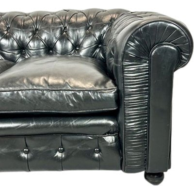 Chesterfield Sofa in Black Buttoned Leather, 1950s-TCS-1703840