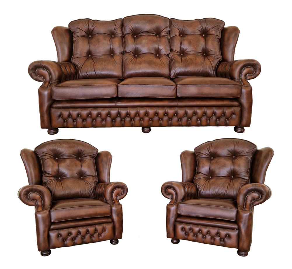 Chesterfield Suzanne Brown Leather Living Room Set, 1970s, Set of 3