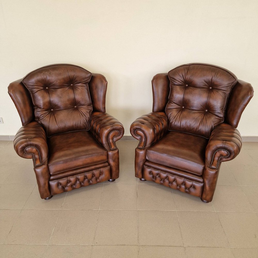 Chesterfield Suzanne Brown Leather Living Room Set, 1970s, Set of 3