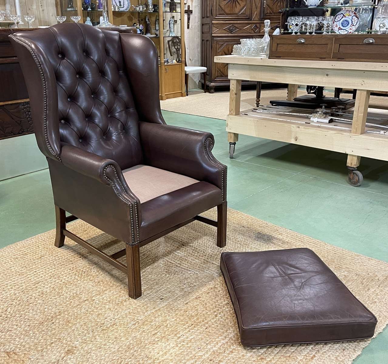 Chesterfield Wing Chair in Brown Leather, 1990s