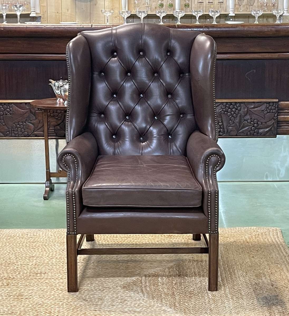 Chesterfield Wing Chair in Brown Leather, 1990s