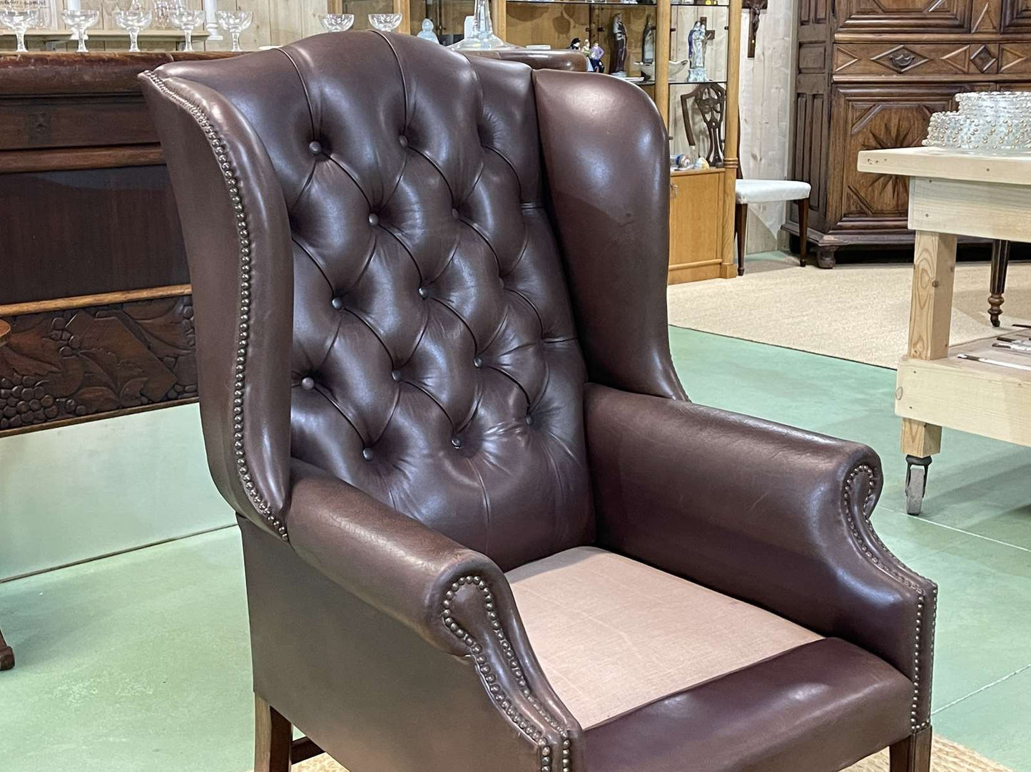 Chesterfield Wing Chair in Brown Leather, 1990s