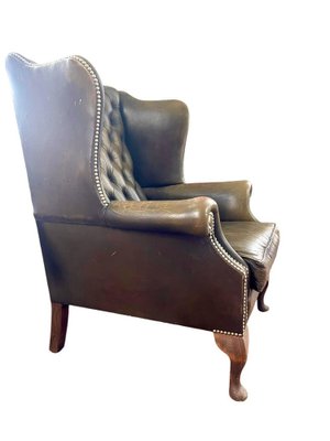 Chesterfield Wing Chair in Green Brown Leather-BXG-2028923