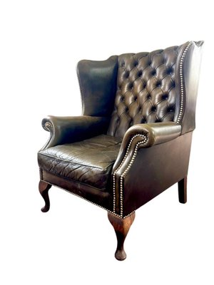 Chesterfield Wing Chair in Green Brown Leather-BXG-2028923