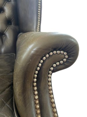 Chesterfield Wing Chair in Green Brown Leather-BXG-2028923