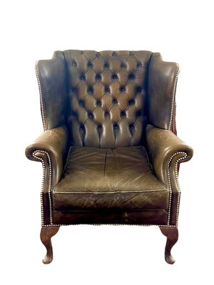 Chesterfield Wing Chair in Green Brown Leather-BXG-2028923